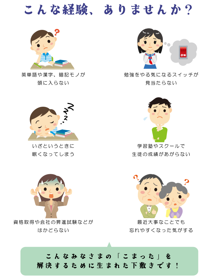 勉強がはかどらない、集中力がない、眠気が取れない、成績が上がらない、やる気が出ない、物忘れ